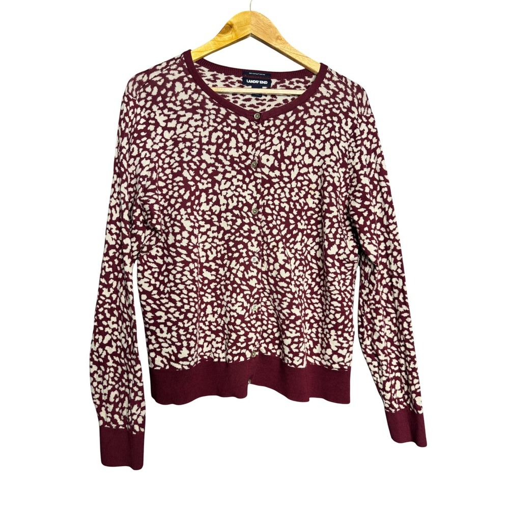 Lands End Cardigan Sweater Women L Burgundy‎ Leopard Animal Print Casual Work